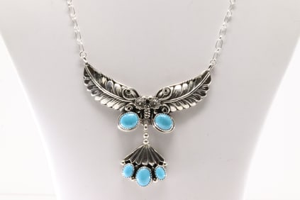 Native America Navajo Sterling Silver Turquoise Necklace Floral By Emerson Delgarito.