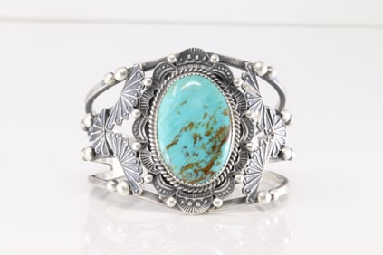 Native America Navajo Sterling Silver Kingman Turquoise Bracelet Cuff By Kevin Billah.