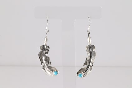Native America Navajo Sterling Silver Turquoise Feather Dangling Earring's By Louise Joe.