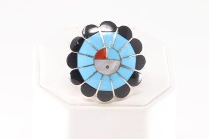Native America Zuni Sterling Silver Multi-Color Stone Inlay Ring By F.D.