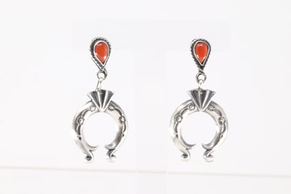 Native America Navajo Sterling Silver Coral Naja Post / Dangling Earring's By Annette Chiquito.