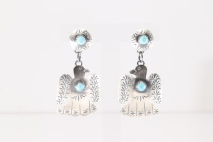 Native America Navajo Sterling Silver Turquoise Thunderbird Post / Dangling Earring's By Gabriela