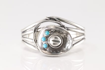 Native America Navajo Sterling Silver Turquoise Cowboy Hat Bracelet Cuff By Bobby Platero.