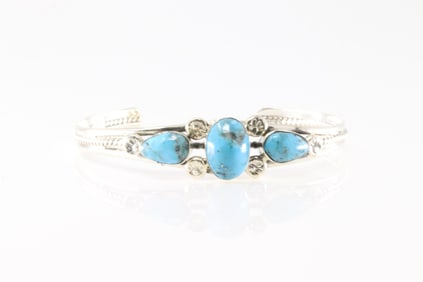 Native America Navajo Sterling Silver Turquoise Bracelet Cuff By Charlene Yazzie.
