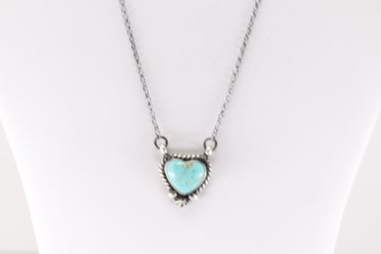 Native America Navajo Sterling Silver Kingman Turquoise Heart Necklace By Donovan Skeets.