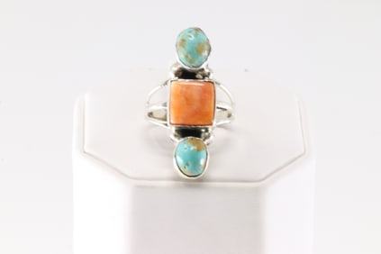 Native America Navajo Sterling Silver Turquoise & Spiny Osyter Ring By B.