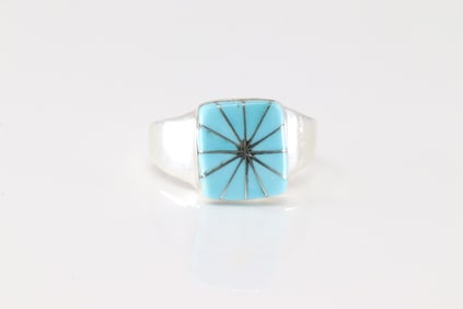 Native America Zuni Sterling Silver Turquoise Inlay Ring By J.L.