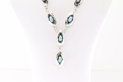 Native America Navajo Sterling Silver Turquoise Necklace By Bobby Platero.