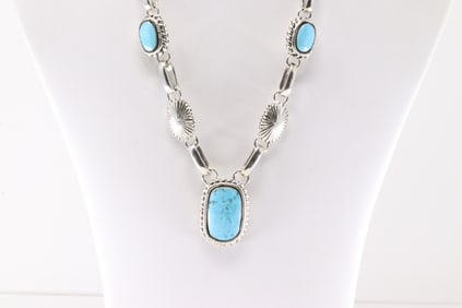 Native America Navajo Sterling Silver Turquoise Necklace By Gilbert Smith.