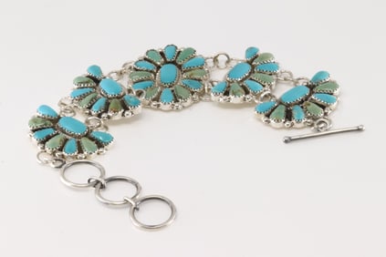 Native America Navajo Sterling Silver Kingman Turquoise Bracelet Link By Alicia Wilson.