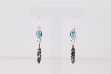 Native America Navajo Sterling Silver Turquoise Feather Dangling Earring's By Emery Spencer.