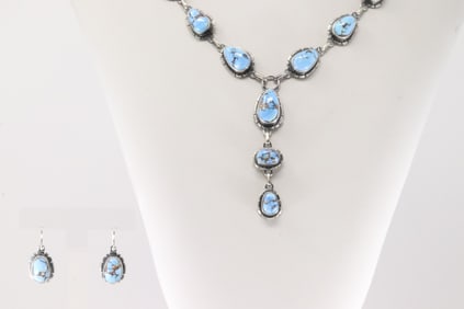 Native America Navajo Sterling Silver Golden Hill Turquoise Necklace & Earring's Set By L.M.Y.
