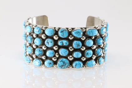 Native America Navajo Sterling Silver Kingman Turquoise Bracelet Cuff By Darlene Begay.