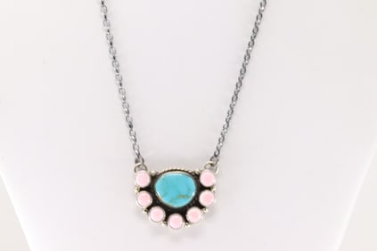 Native America Navajo Sterling Silver Pink Conch Shell & Kingman Turquoise Necklace By Geraldine