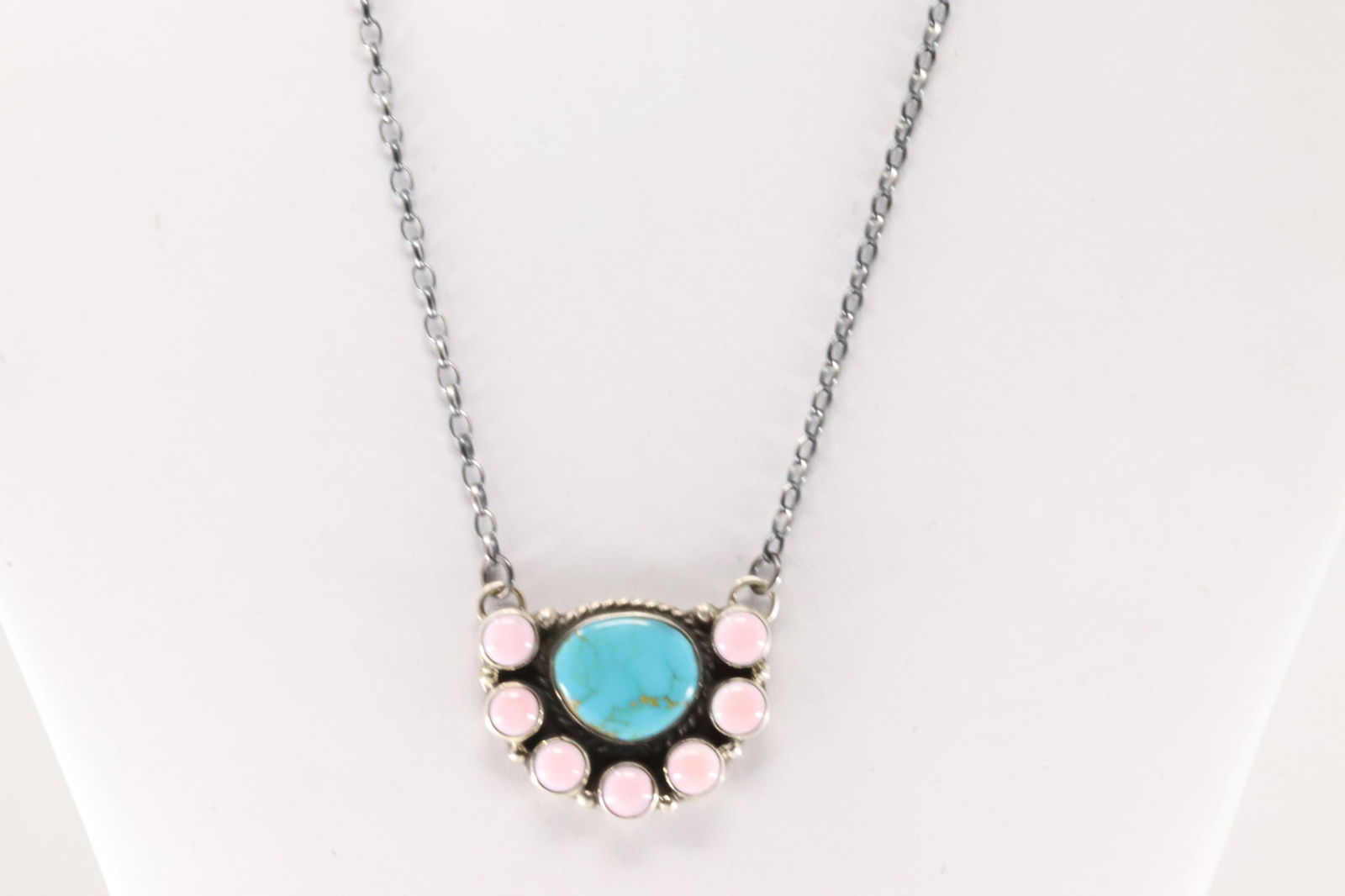 Native America Navajo Sterling Silver Pink Conch Shell & Kingman Turquoise Necklace By Geraldine (1 of 4)