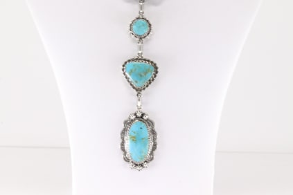 Native America Navajo Sterling Silver Turquoise Necklace By Leroy Silversmith.