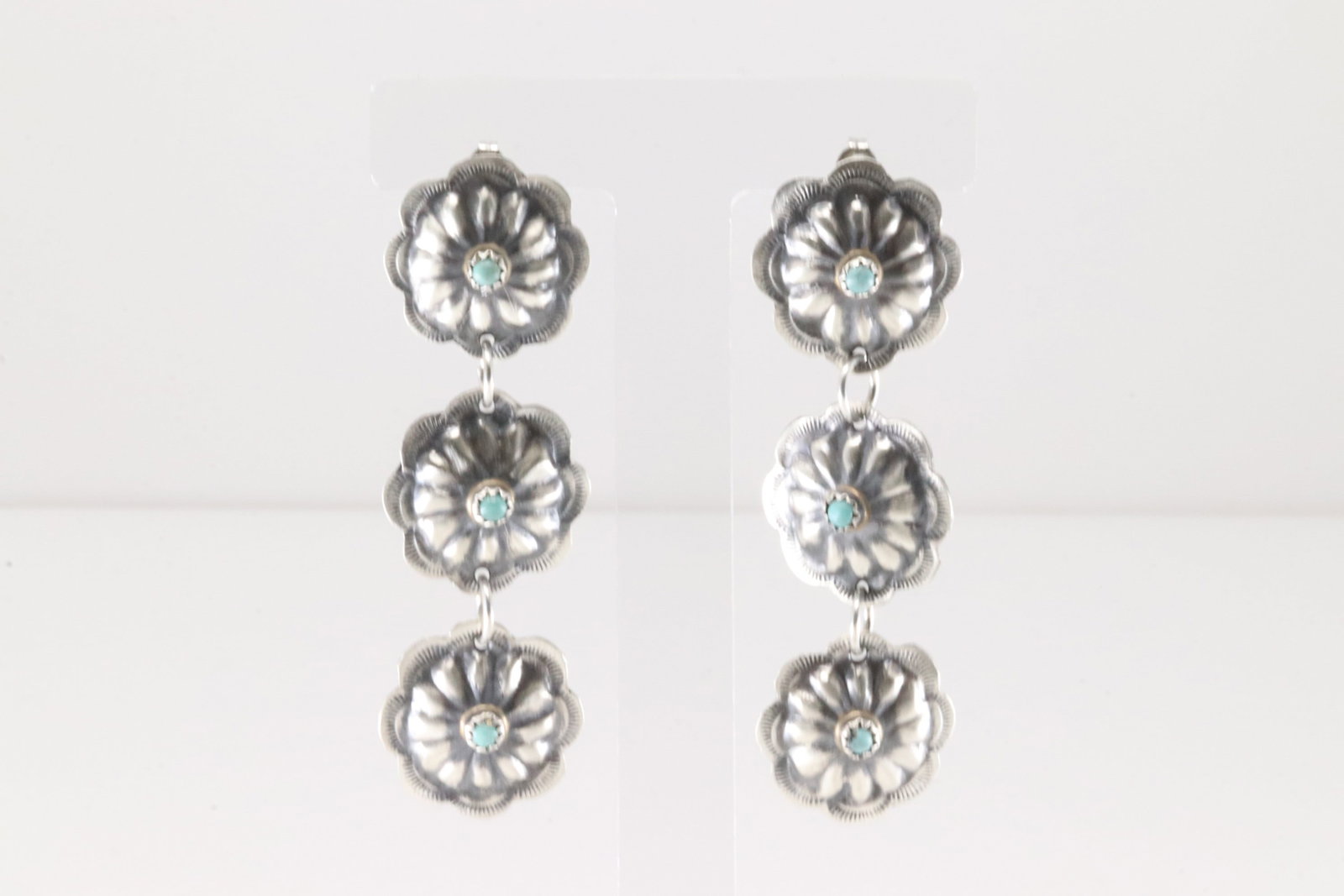 Native America Navajo Sterling Silver Turquoise Conch Post / Dangling Earring's By Joan Begay.: This is a Native America Navajo Sterling Silver Turquoise Conch Post / Dangling Earring's By Joan Begay.