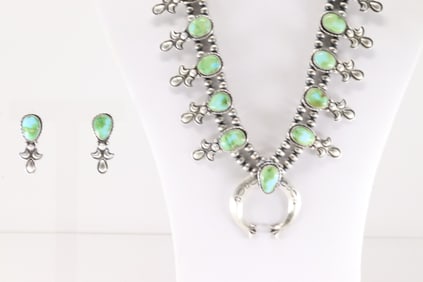 Native American Navajo Sterling Silver Sonora Gold Turquoise Necklace & Earring's Set By Adrienne