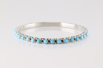 Native America Navajo Sterling Silver Turquoise Bangle Bracelet By Gaynell Parker.