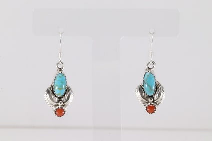 Native America Navajo Sterling Silver Coral & Turquoise Dangling Earring's By Robert Martinez.