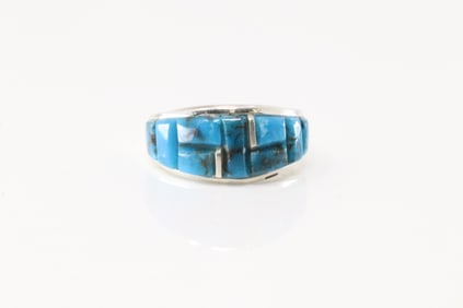 Native America Navajo Sterling Silver Turquoise Inlay Ring By Yazzie.
