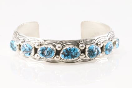 Native America Navajo Sterling Silver Turquoise Bracelet Cuff By Grace Silver.