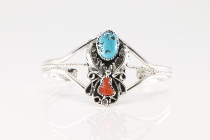 Native America Navajo Sterling Silver Coral & Turquoise Bracelet Cuff By Harry B.Yazzie.
