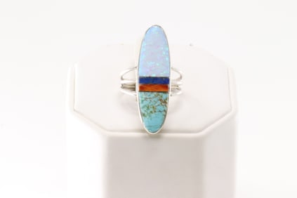 Native America Navajo Sterling Silver Multi-Color Inlay Ring By H.Smith.