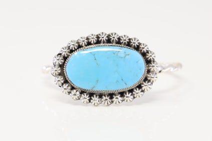 Native America Navajo Sterling Silver Turquoise Bracelet Cuff By Sadie Jim.