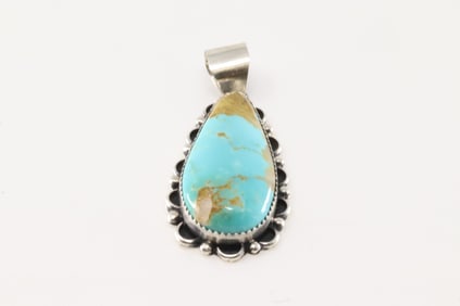 Native America Navajo Sterling Silver Kingman Turquoise Pendant By Freida Martinez.