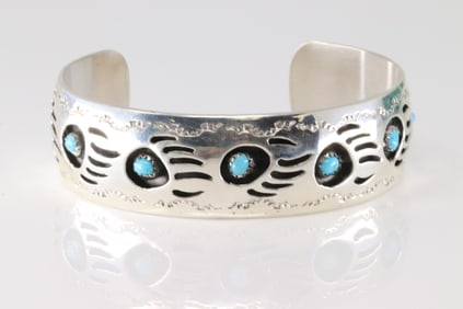 Native America Navajo Sterling Silver Bear Paw Turquoise Bracelet Cuff By Pearlene Spencer.