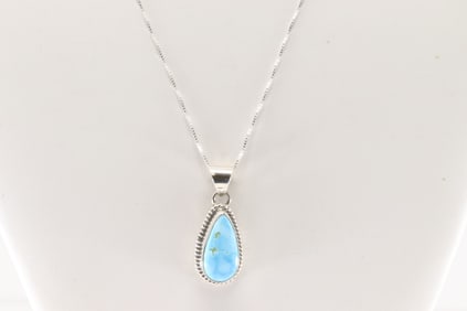 Native America Navajo Sterling Silver Turquoise Pendant By A. with A 925 Necklace.