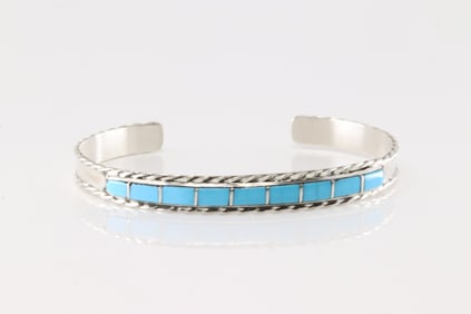 Native America Zuni Sterling Silver Turquoise Inlay Bracelet Cuff By J.P.C.