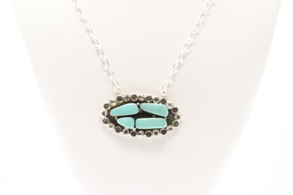 Native America Navajo Sterling Silver Turquoise Necklace By Sadie Jim.