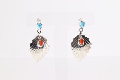 Native America Navajo Sterling Silver Coral & Turquoise Leaf Post / Dangling Earring's By Genevieve