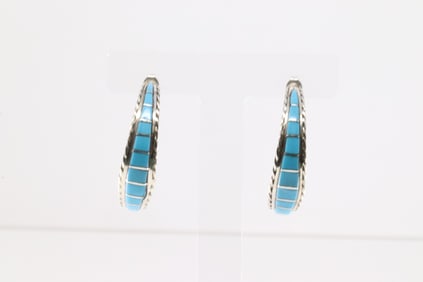 Native America Navajo Sterling Silver Turquoise Inlay Hoop Earring's By M.C.