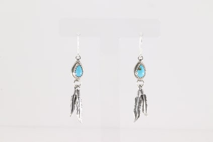 Native America Navajo Sterling Silver Turquoise Dangling Feather Earring's By Sharon McCarthy.