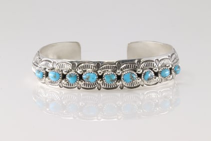 Native America Navajo Sterling Silver Turquoise Bracelet Cuff By Grace Silver.
