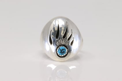 Native America Navajo Sterling Silver Bear Paw Turquoise Ring By Rose Ann Silago.