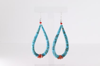 Native America Navajo Sterling Silver Spiny Osyter & Turquoise Dangling Earring's By Lupe Lovato.