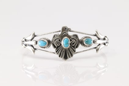 Native America Navajo Sterling Silver Turquoise Thunderbird Bracelet Cuff By Bobby Platero.