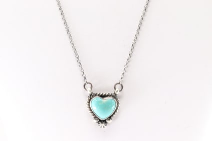 Native America Navajo Sterling Silver Kingman Turquoise Heart Necklace By Donovan Skeets.