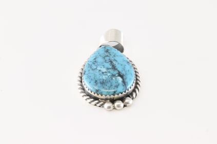 Native America Navajo Sterling Silver Kingman Turquoise Pendant By Freida Martinez.
