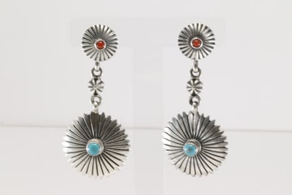 Native America Navajo Sterling Silver Coral & Turquoise Post / Dangling Earring's By Verley Betone.