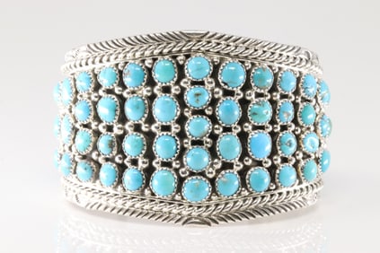 Native America Navajo Sterling Silver Turquoise Cluster Bracelet Cuff By Marlene Jones.