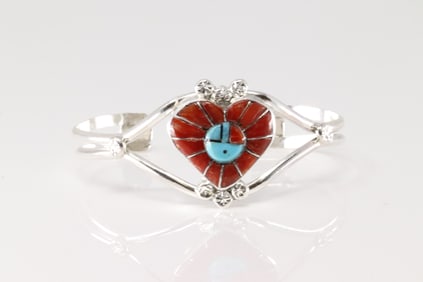 Native America Zuni Sterling Silver Multi-Color Stone Inlay Heart Bracelet Cuff By Ola Eriacho.