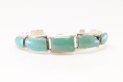Native America Navajo Sterling Silver Turquoise Bracelet Cuff By Calvin Belin.