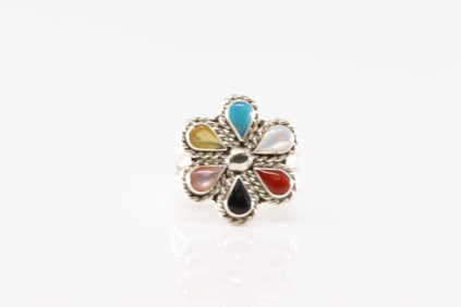 Native America Zuni Sterling Silver Multi-Color Stone Flower Ring By G.D.