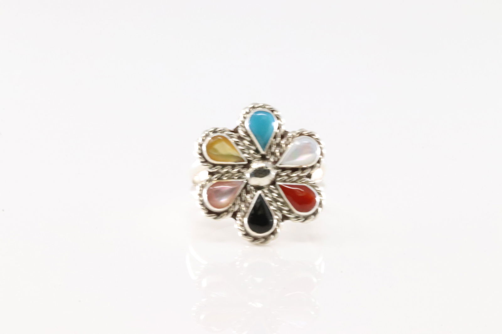 Native America Zuni Sterling Silver Multi-Color Stone Flower Ring By G.D. (1 of 4)