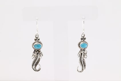 Native America Navajo Sterling Silver Turquoise Feather Dangling Earring's By Sharon McCarthy.